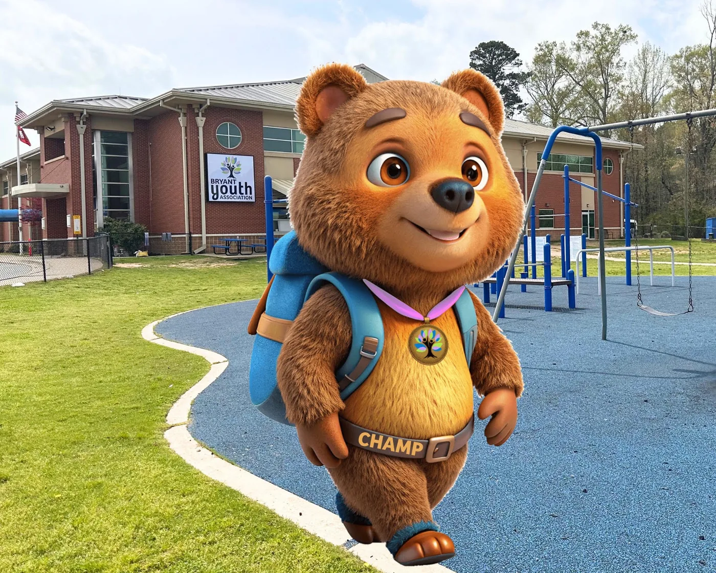 Illustration of Champ the bear, the Bryant Youth Association mascot, walking past the BYA building and playground in Bryant, AR