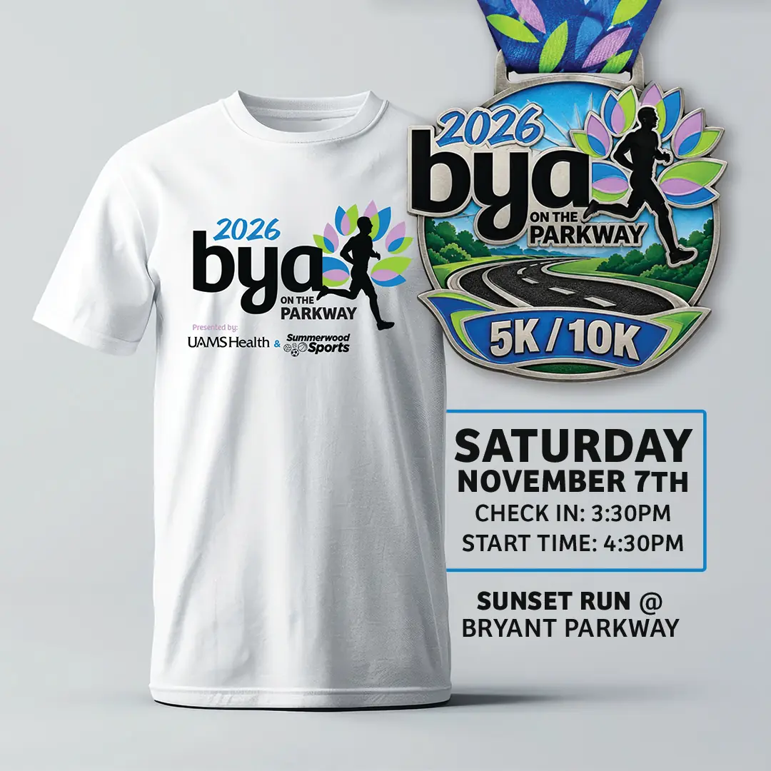 2026 BYA on the Parkway 5K and 10K race shirt and finisher medal, Saturday, November 7, check-in 3:30 PM, start 4:30 PM, sunset run on the Bryant Parkway in Bryant, AR